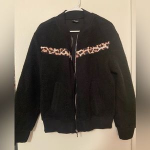 Zyia Active Bomber Jacket Teddy Black Leopard Flying V Full Zip Fleece Size M